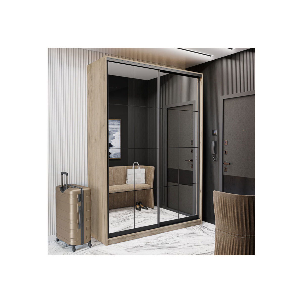 Skříň 2D Loft 1200x2400x600, 2 zrcadla Lines BL, Dub kraft šedý (obrázek 3)