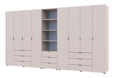 Skříň osmidveřová s regálem se zásuvkami Gelar 370 cm kašemír