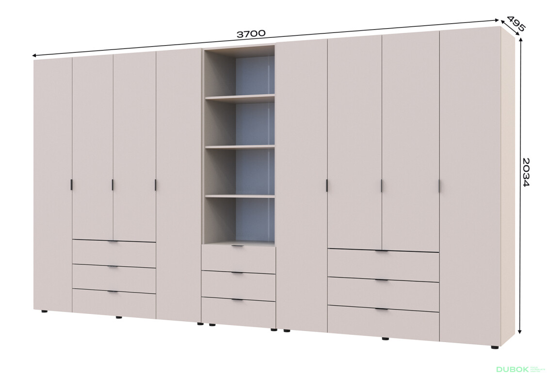 Fotografie 7 - Skříň osmidveřová s regálem se zásuvkami Gelar 370 cm kašemír